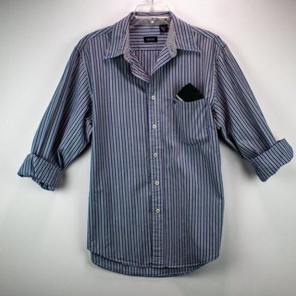 Izod Men's Shirt Size M Button Down Pinstripe Blue Brown Green White Cotton - Picture 9 of 12